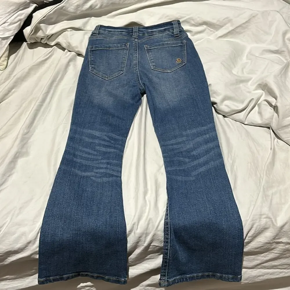 Indigo Rein 7 denim blue jean adjustable waist flare bell bottom distressed nwot